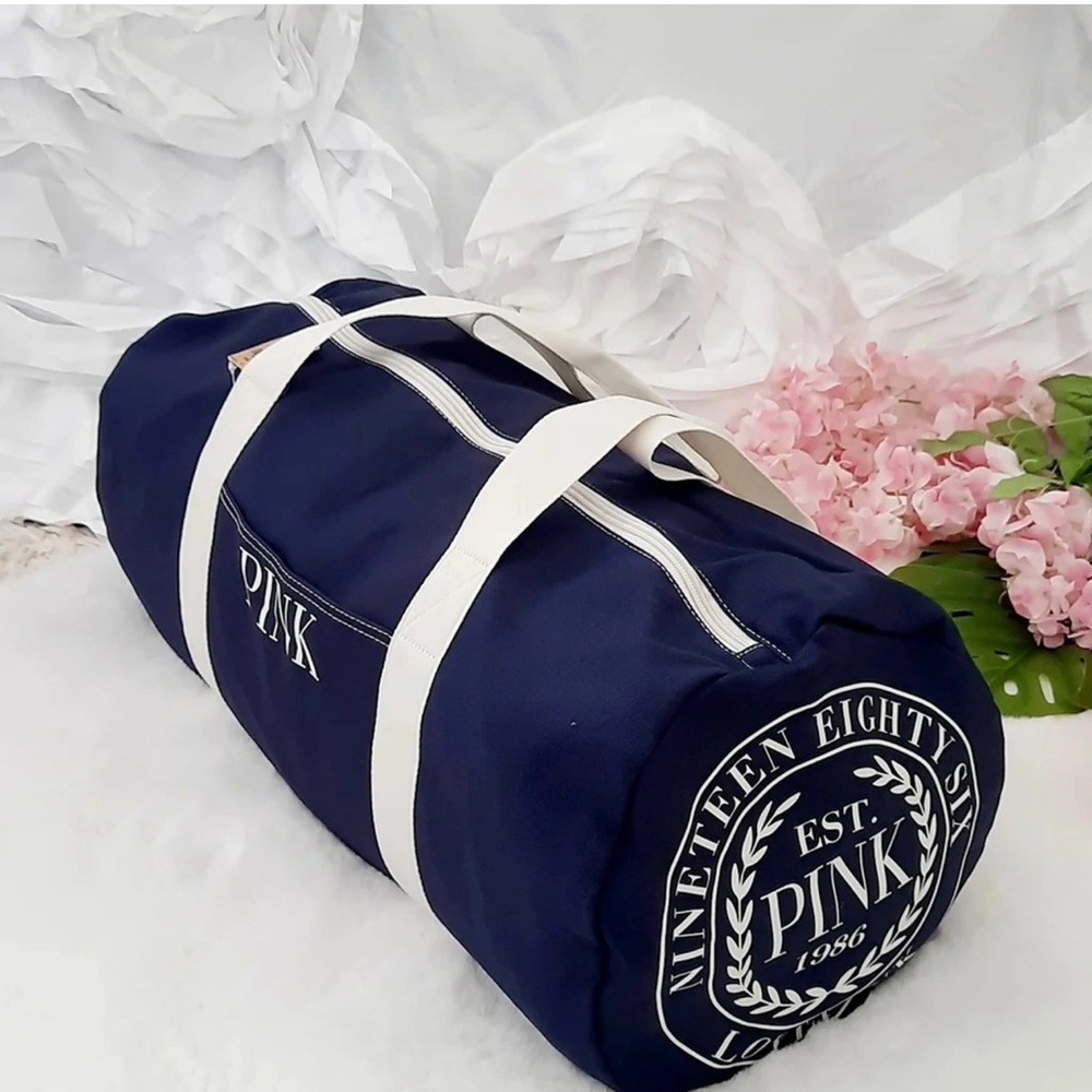 Victoria’s Secret PINK Brand navy blue and white canvas duffel bag, NWT